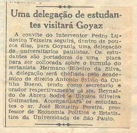 Recorte do jornal "Folha da Manhã" que anuncia a visita da Embaixada Universitária Paulista a Goi...