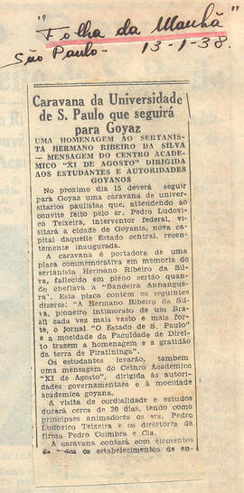Recorte do jornal "Folha da Manhã" que anuncia a viagem da Embaixada Universitária Paulista à Goi...