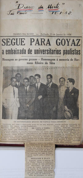 Recorte do Jornal "Folha da Noite" sobre a fala da Embaixada Universitária Paulista sobre a viage...