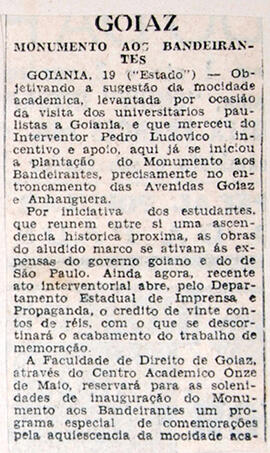 Recorte de jornal [?], anuncia a sugestão de instalação do "Monumento aos Bandeirantes em Goiânia...