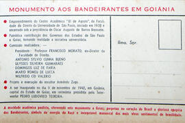 Cartão Postal do Monumento aos Bandeirantes em Goiânia, (verso). [S.l.], [1942].