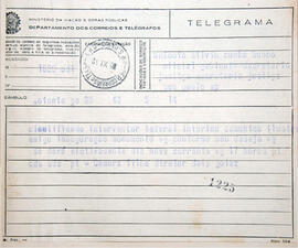 Telegrama enviado pelo Sr. Câmara Filho, ao Dr. Antônio Sylvio Cunha Bueno, comunicando a data de...