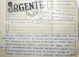 Telegrama enviado pelo Sr.Pedro Ludovico Teixeira, ao Dr. Cunha Bueno, trasmitindo congratulações...