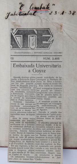 Recorte do jornal "O Combate", sobre o encontro da Embaixada Esportiva Jaboticabense com a Embaix...
