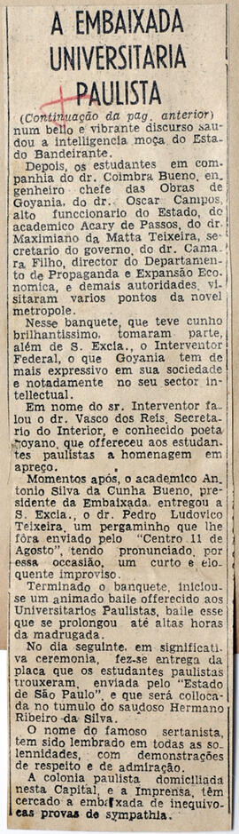 Recorte do Jornal "A Nota" sobre as homenagens prestadas a Embaixada Universitária Paulista em Go...