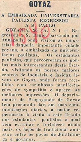 Recorte do Jornal "O Paiz", sobre o regresso da Embaixada Universitária a São Paulo passando por ...