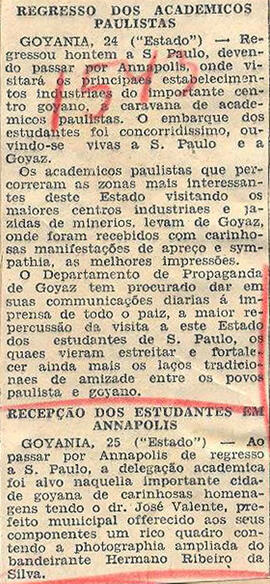 Recorte do Jornal "O Estado de S. Paulo", relata o regresso da Embaixada Universitária Paulista à...