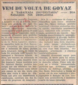 Recorte do Jornal "Acção", relata a viagem de volta de Goiás da Embaixada Universitária Paulista ...