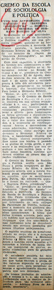 Recorte de jornal "O Estado de S. Paulo", informa o apoio do Grêmio da Escola de Sociologia e Pol...