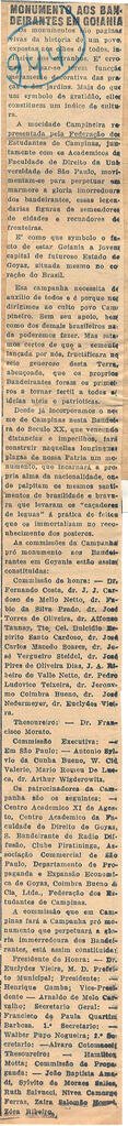 Recorte de jornal, "Correio Popular", relata a importância da criação do Monumento aos Bandeirant...