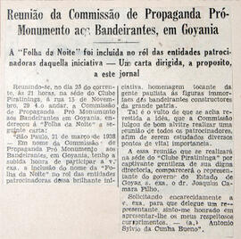 Recorte de jornal "Folha da Noite", informa que a Comissão de Propaganda Pró-Monumento aos Bandei...