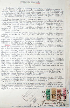 Contrato de construção do monumento em memória aos Bandeirantes em Goiânia, assinado pelo Sr. Dom...