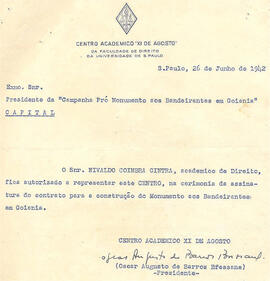 Carta autorizando o Sr. Nivaldo Coimbra Cintra como representante do Centro Acadêmico XI de Agost...
