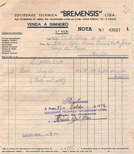 Nota fiscal n. 62617 da empresa "BREMENSIS" ltda, no valor de vinte mil réis, referente ao pagame...