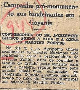 Recorte de jornal "Diário de S. Paulo", informa a Conferência do escritor Agrippino Grieco sobre ...