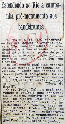 Recorte de jornal "A Tribuna", informa que o Sr. Pedro Calmon proferirá  palestra histórica, em p...