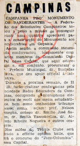 Recorte de jornal "Folha da Manhã", informa que a Federação de Estudantes de Campinas (SP), promo...