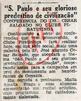 Recorte de jornal "Folha da Noite", divulga a palestra proferida pelo Dr. José Augusto Cesar Salg...