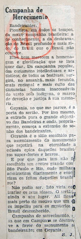 Recorte de jornal "Correio Popular", relata o porquê da escolha da cidade de Goiânia como mereced...