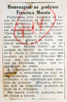 Recorte de jornal "Folha da Noite", informa a homenagem ao prof. Francisco Morato, patrocinada pe...