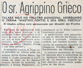 Recorte de jornal "Última Hora", anuncia a conferência de Agrippino Griecco sobre o tema "Martins...