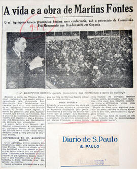 Recorte de jornal "Diario de S. Paulo", relata fatos ocorridos durante a conferência pronunciada ...