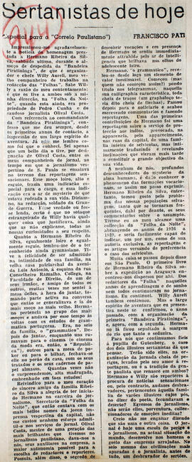Recorte de jornal "Correio Paulistano", publica o texto escrito pelo Sr. Francisco Pati, sobre a ...