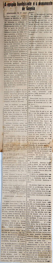Recorte de jornal [?], publica texto (continuação da p. 9), referente a "epopéa bandeirante e o m...
