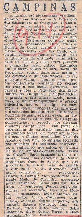 Recorte de jornal "Diario de S. Paulo", informa que a Federação dos Estudantes de Campinas (SP) p...