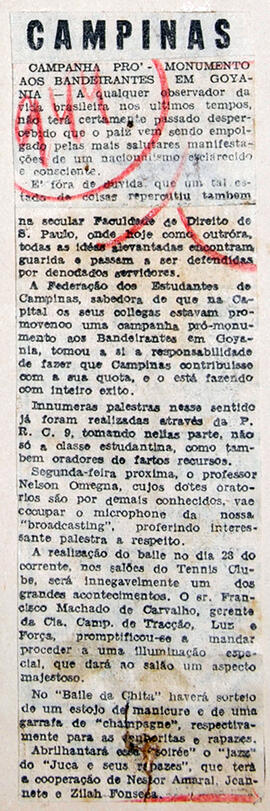 Recorte de jornal "Folha da Manhã", informa sobre a realização do "Baile da Chita", em prol da "C...