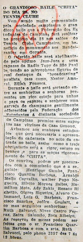 Recorte de jornal "Diario do Povo", divulga o "Baile da Chita", animado pelo jazz "Juca e seus Ra...