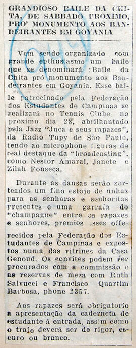 Recorte de jornal "Correio Popular", divulga o "Baile da Chita", patrocinado pela Federação dos E...