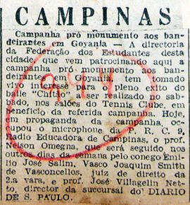 Recorte de jornal "Diario de S. Paulo", divulga o "Baile da chita" e eventos patrocinados pela Fe...