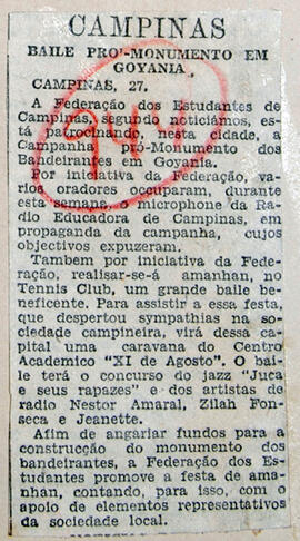 Recorte de jornal "O Estado de S. Paulo", divulga o "Baile da Chita", evento promovido pela Feder...