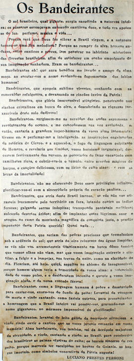 Recorte de jornal "Diário do Povo", publica o pema "Os Bandeirantes", escrito por Luciano Prestes...