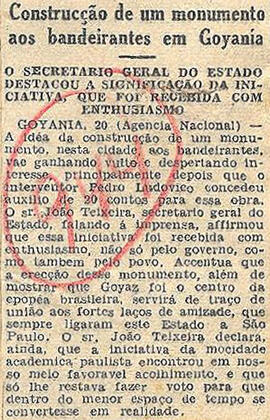 Recorte de jornal "Diario de S. Paulo" elogia a ideia da construção do monumento. São Paulo, 21 a...