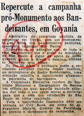 Recorte de jornal "Correio Paulistano", exaltando a juventude paulista pela iniciativa, o escrito...