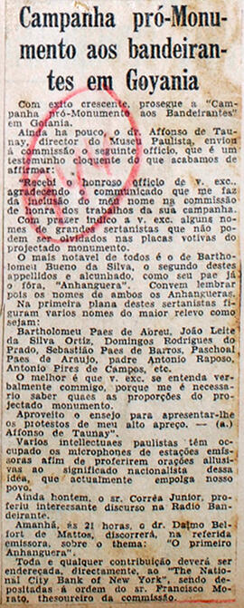 Recorte de jornal "Correio Paulistano", Affonso de Taunay relata sua impressão sobre a construção...