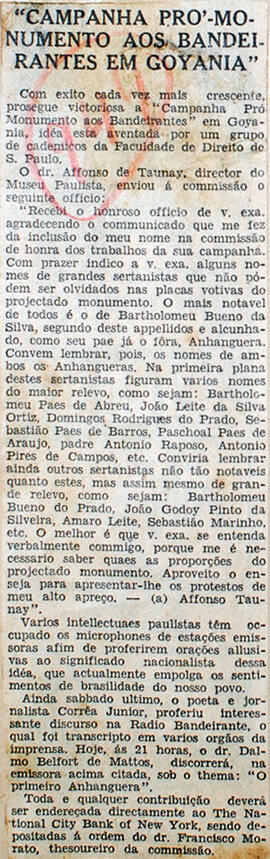 Recorte de jornal "A Gazeta", em que Affonso de Taunay relata suas impressões acerca da construçã...