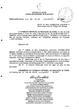 Resolução n.330 de 24 de nov. de 2004 : Validar os atos pedagógicos praticados Colégio Alfa Ômega...
