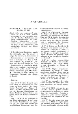 Decreto n° 52.267 de 17 de julho de 1963 - Dispõe sobre um programa de educação de base e adota m...