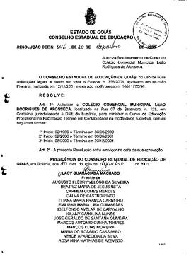 Resolução n. 196 de 20 de dez. de 2001 : Autorizar o Colégio Comercial Municipal Leão Rodrigues d...