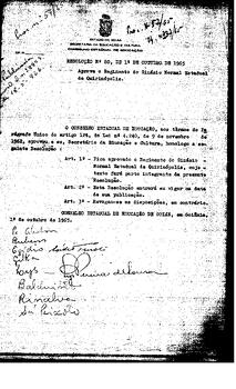 Resolução n. 80 de 01 de out. de 1965 : Aprova o Regimento do Ginásio Normal Estadual de Quirinóp...