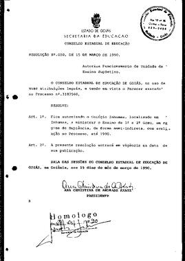 Resolução n. 10 de 15 de mar. de 1990 : Autoriza o funcionamento de Unidade Supletivo, de 1º e 2º...