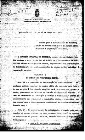 Resolução n. 14 de 18 de mar. de 1963 : Normas para a autorização de funcionamento de estabelecim...
