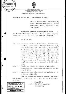 Resolução n. 235 de 13 de nov. de 1992 : Autoriza Funcionamento de Unidade Escolar – Educação Pré...