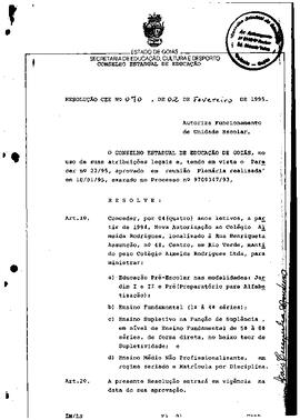 Resolução n. 70 de 02 de fev. de 1995 : Autoriza Funcionamento da Unidade Escolar Colégio Almeida...