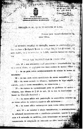 Resolução n. 20 de 24 de set. de 1963 : Normas para transferências no Ensino Médio.