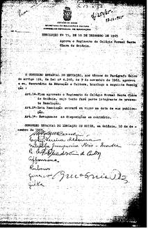 Resolução n. 75 de 10 de dez. de 1965 : Aprova o Regimento do Colégio Normal Santa Clara de Goiânia.