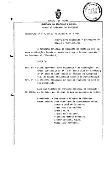 Resolução n. 310 de 22 de dez. de 1983 : Aprova novo Regimento e alteração de grades curriculares...